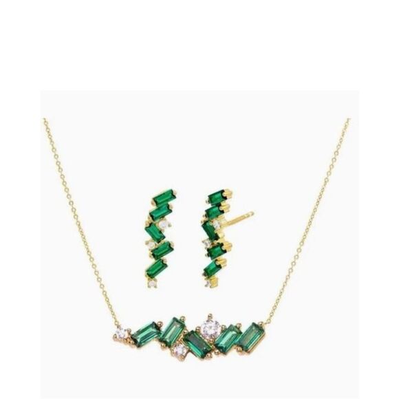 Adina Eden Emerald Green CZ Baguette Earrings & Necklace Combo Set. Goldtone NEW - Picture 1 of 3